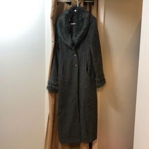 Warm Winter long length felt trench with removable faux fur collar and cuffs.